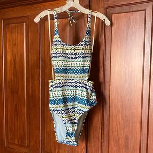Aerie New Cut Out Halter Blue Yellow Geometric One Piece Swimsuit Size XL